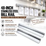 KMW 48-Inch (122 CM) Stainless Steel Bill Rail Order Tab Grabber | 430 Grade Satin Finish KOT Holder