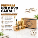 KMW Premium Gold PVD Stainless Steel Bar Set with Wooden Stand & Gift Box – 11-Piece Cocktail Mixing Kit